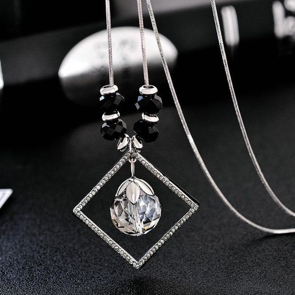

chains all-match fashionable square sweater chain high-end crystal necklace cross-border simple elegant pendant, Silver