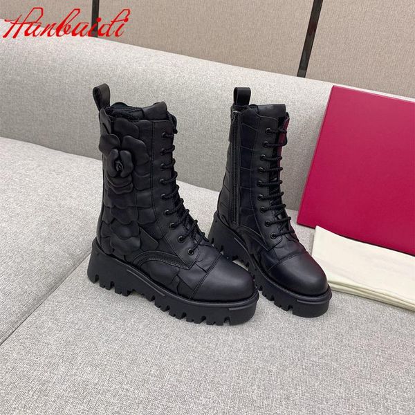 

boots platform short women winter genuine leather mid-calf flowers lace-up designer shoes zipper botas de mujer size 35-41, Black