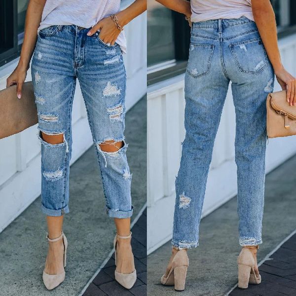 

women's jeans high-waisted front with zipper and metal qq small leg pants wash water holes straight denim summer 2021, Blue