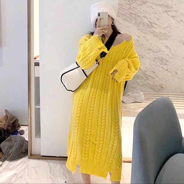 

[ewq] 2021 spring autumn v-neck long sleeve modern lady dresses korean chic simple casual ladies knitted dress yellow, Black;gray