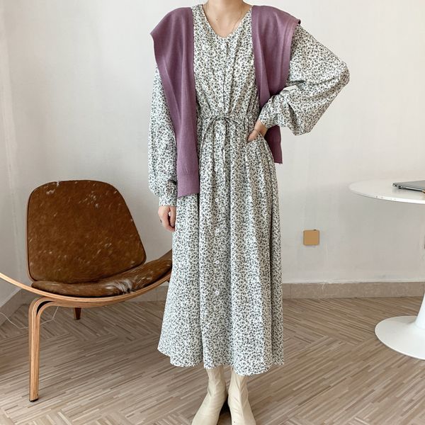 

casual dresses harajuku spring woman floral print long women v-neck chiffon a-line lace-up vestidos femme g5de, Black;gray