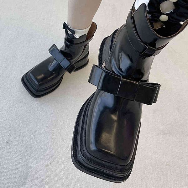 

dress shoes rimocy 2021 bow patent leather motorcycle boots women chunky heels square toe ankle woman punk buckle platform h09f, Black