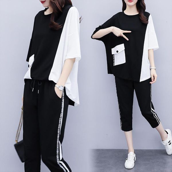 

colorblock tracksuit two piece womenpant set summer clothes short sleeve letter print and pants suits casual sets outfits, White
