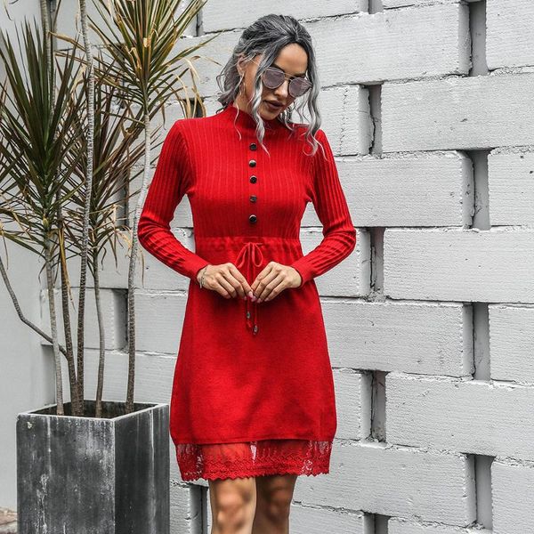 

casual dresses occident dress belt button lace half high collar long sleeve autumn winter fashion hedging knit, Black;gray