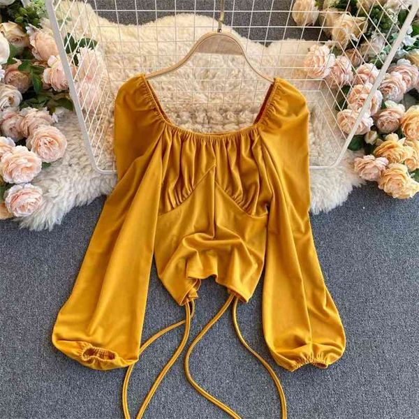

korean fashion solid color square neck long sleeve pleated drawstring high waist thin short women casual blouse q478 210527, White