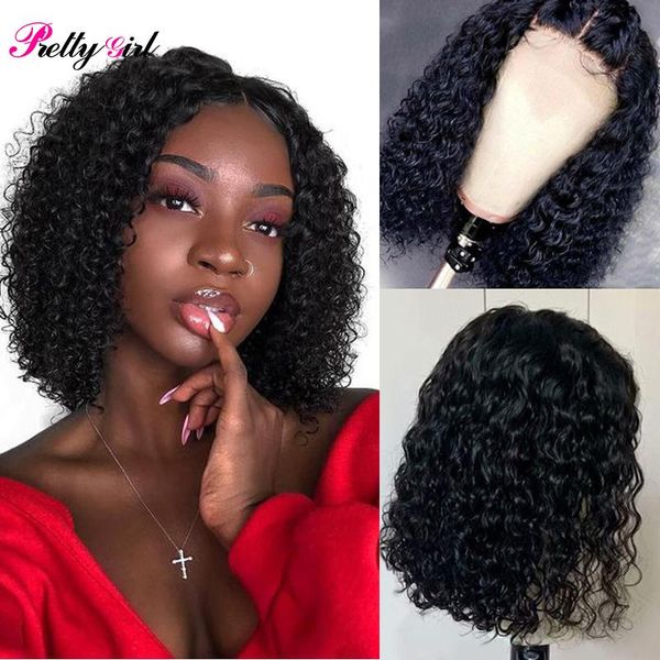 

lace wigs malaysian curly short bob human hair closure pretty girl culry wavy wig for black women deep wave, Black;brown