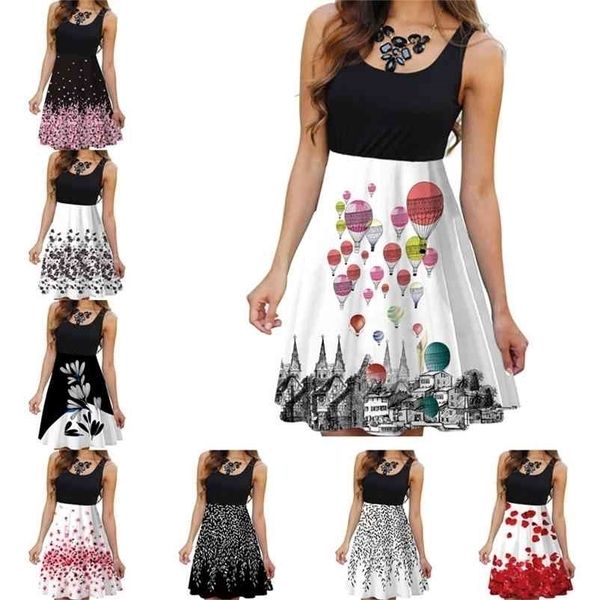 

summer sleeveless round neck ladies digital printed dress casual loose a-line pullover woman vestido de mujer 210520, Black;gray