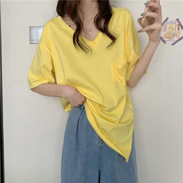 

women's t-shirt summer oversize v-neck 2021 brief short-sleeved basewear chic loose casual prom tee retro t-shirts, White