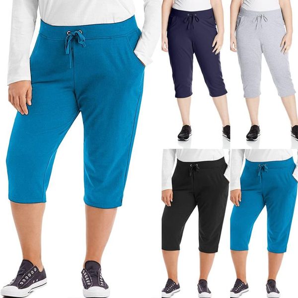 

women's leggings women casual solid color low rise drawstring pockets sports capri pants fashion short trouser 2021, Black