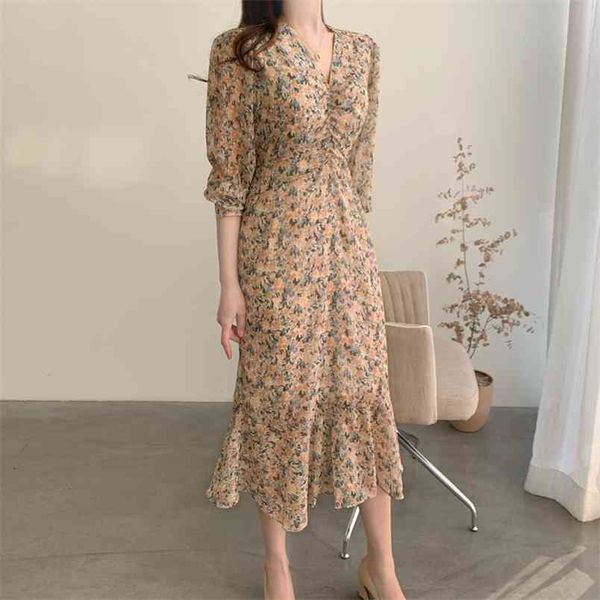 

summer vintage flower print women dress long sleeve v neck vestidos mujer korean high waist slim female robe femme 210514, Black;gray