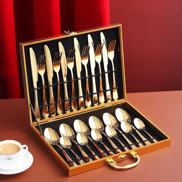 

dinnerware sets 24pcs gold stainless steel tableware set fork spoon knife cutlery kitchen holiday gift box for mother's day