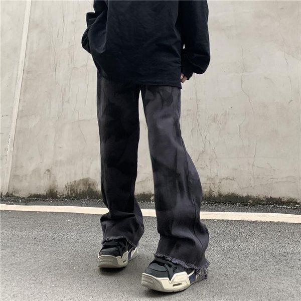 

men's jeans tie dye ripped tassel mens high street straight washed oversize denim trousers harajuku loose casual jean pants, Blue