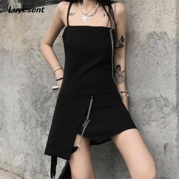

casual dresses black gothic women irregular dress summer sleeveless empire mini dark goth metal chains backless punk clothes, Black;gray
