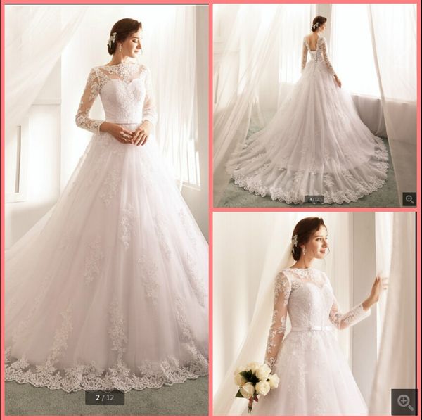 

robe de mariage white lace tulle modest wedding dress appliques beaded long sleeve vintage bride dresses princess puffy muslim women with sa