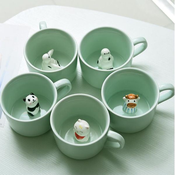 Caneca de café cerâmica criativa Leite 3d com animal bonito dos desenhos animados Panda Coelho Tee Cair-resistive Celadon Cup