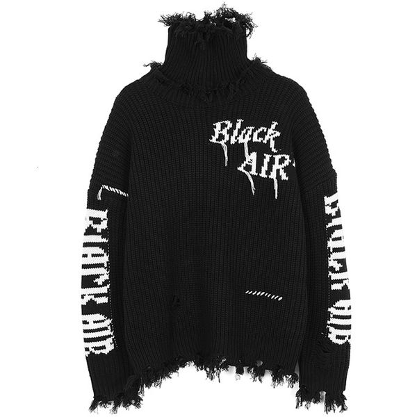 

men's sweaters mens knitted turtleneck plus velve sweater winter punk rock vintage oversize couple ripped pullovers iewd, White;black