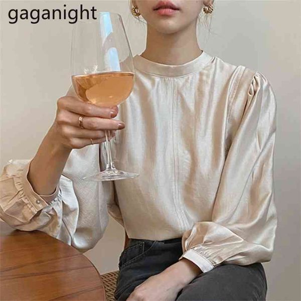 

chic japan style women blouse long sleeve stand neck fashion solid shirt office lady elegant blusas shiny slim blouses 210601, White