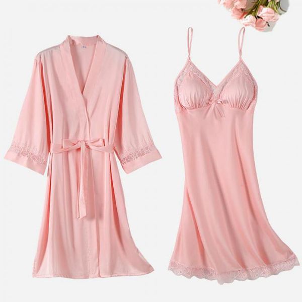 

women's sleepwear women home clothing satin nightgown casual robe set 2pcs kimono bathrobe gown intimate lingerie homewear, Black;red