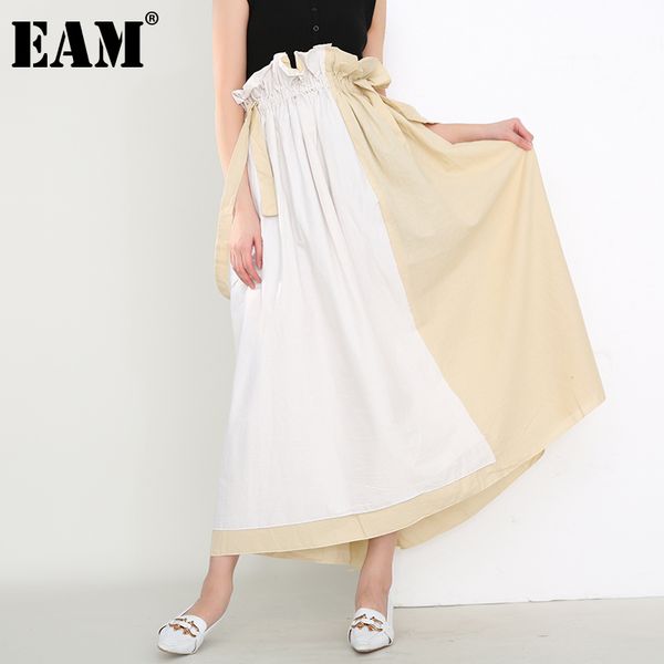 

[eam] high elastic waist khaki contrast color split long strap half-body skirt women fashion spring autumn jr59204 210512, Black