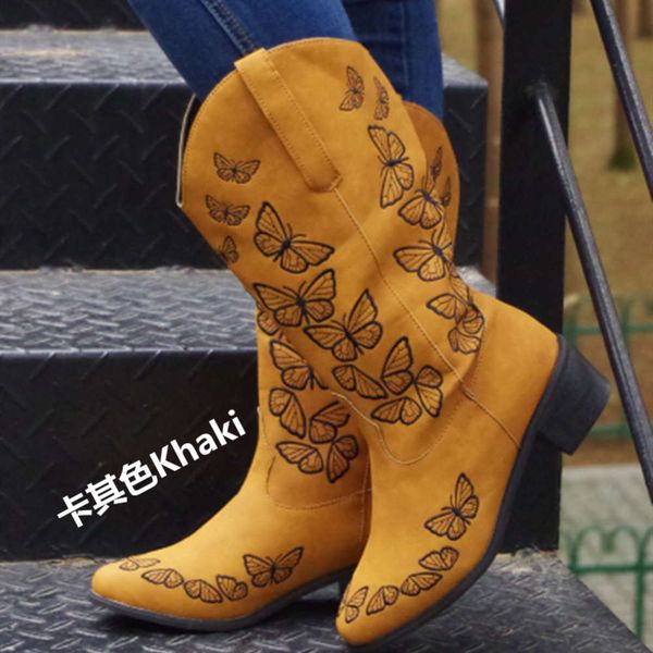 

wtern cowboy embroidery fashion boots women's autumn pointed middle heel butterfly tube large, Black