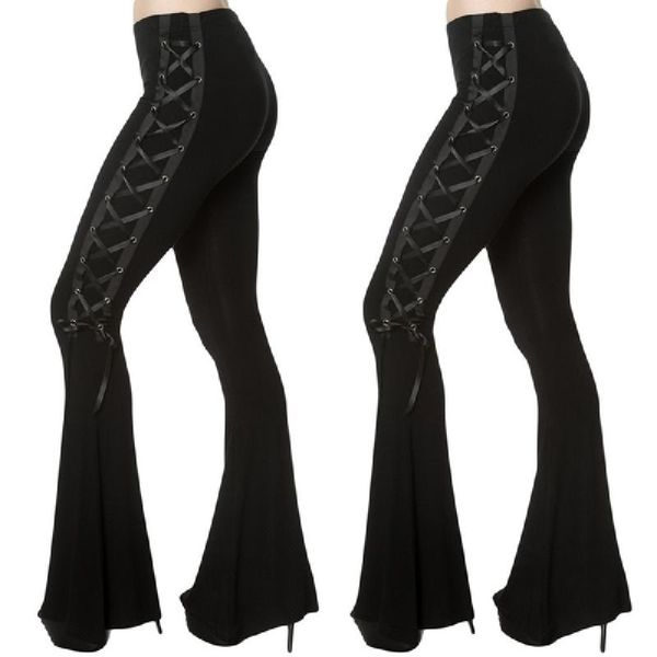 

woman pants gothic punk style wide leg pant high waist stretch lace flared trousers strap design spring women bottoms 2021 women's & ca, Black;white