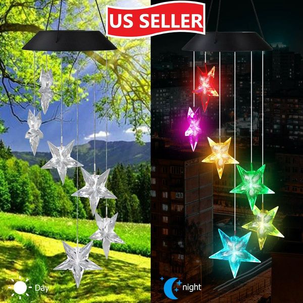 

led six stars wind chime solar powered lights color-changing yard garden decor
