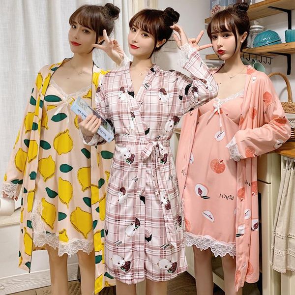 

women's sleepwear 2021 autumn 2pcs lingerie nightgowns robes sets for women suit bathrobes nightdress night dress two piece set, Black;red