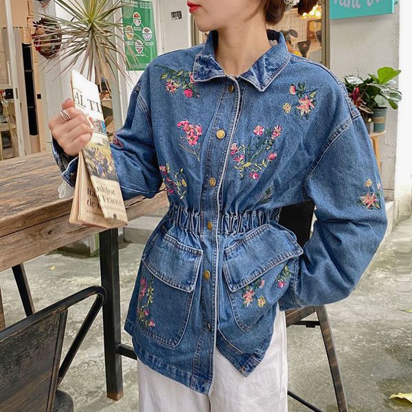 

women's jackets jaqueta jeans feminina de cintura elÃ¡stica, casaco lavado com bordado flores, estilo vintage outono bolso gran e kf7k, Black;brown