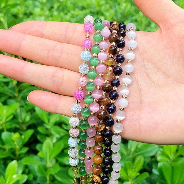 

link, chain komi semi precious stones bracelet natural white opal blue sand tiger eye bead string adjustable men women jewelry, Black