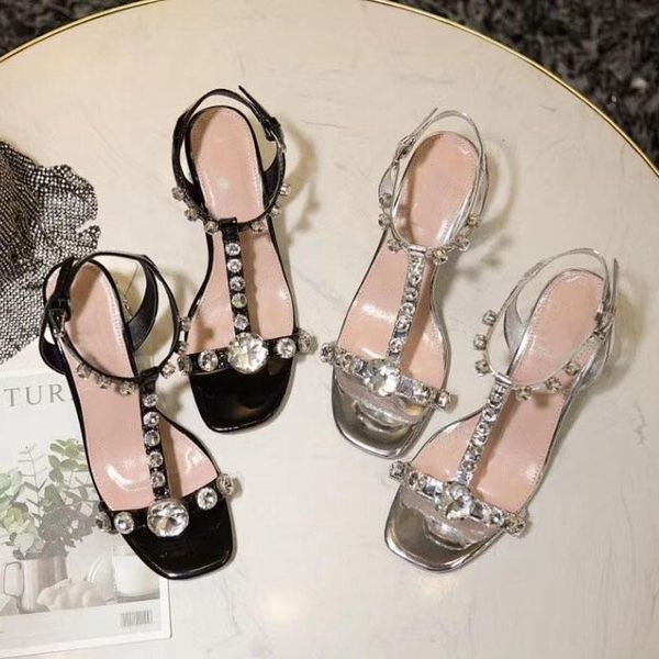 

arrive woman summer big diamonds t strap open toe chunky heel sandal rhinestones crystal sandals, Black