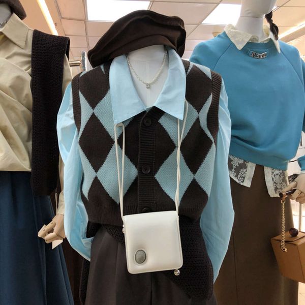 

set ling lattice knitted vest women's autumn with sleeveless waistcoat shirt set, White
