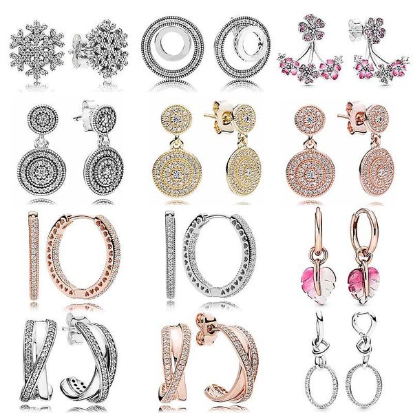 

stud authentic 925 sterling silver elegance knotted heart symbol of love entwined circles snowflake earring for women jewelry, Golden;silver