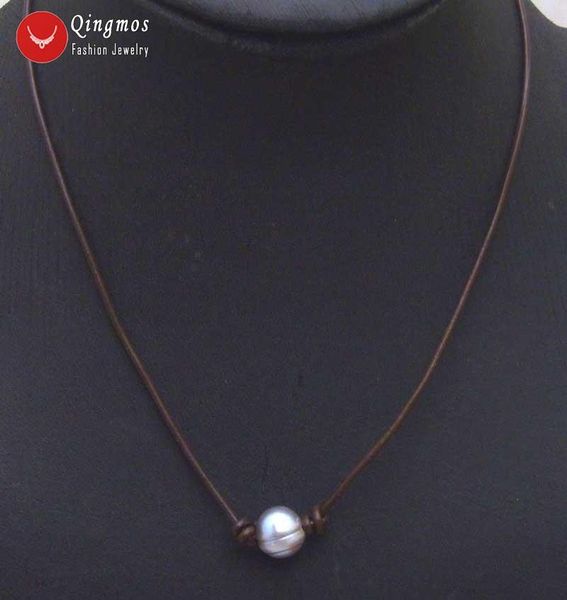 

qingmos 10-11mm gray potato natural freshwater pearl pendant necklace for women 18" with brown leather chokers 5906, Golden;silver