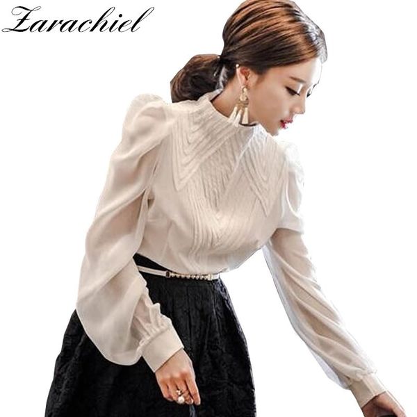 

fashion summer ladies elegant puff chiffon shirt women's long sleeve stand color multilayer ruffles blouse 210416, White