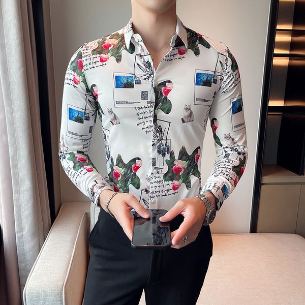 

men's casual shirts long sleeved men's shirt, british butterfly printed korean social fashion, autumn 2021, White;black
