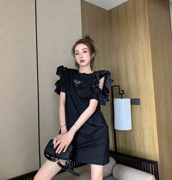 

pl family summer shoulder ruffle dress, Black;gray