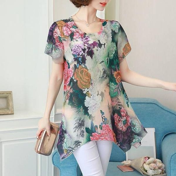 

women's blouses & shirts summer clothes chiffon womens and floral print tunic ladies plus size short sleeve shirt 2021 casual, White