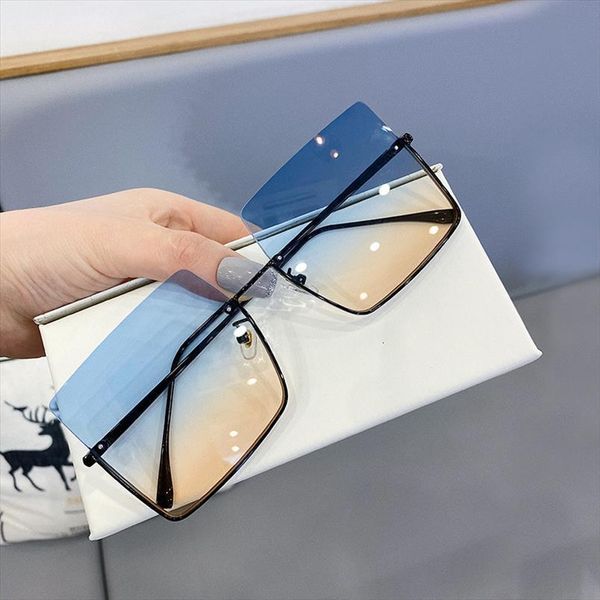 

womens fashion square oversize sunglasses shades alloy half frame gradient blue yellow sun glasses female uv400 eyewear, White;black