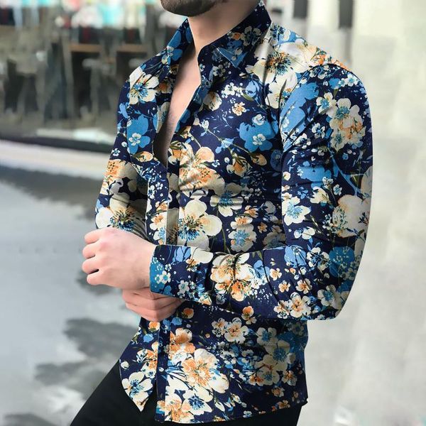 

men's casual shirts fashion men's spring autumn floral printed turndown collar long sleeve button slim shirt blouse camisa masculi, White;black