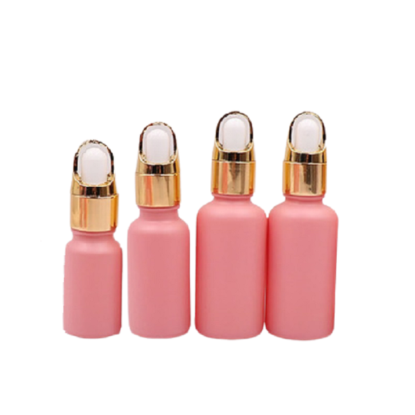 

10ml 20ml 30ml pink matte frost glass cosmetic packging gold pipette lid refillable essential oil dropper bottles vials 15pcs storage & jars