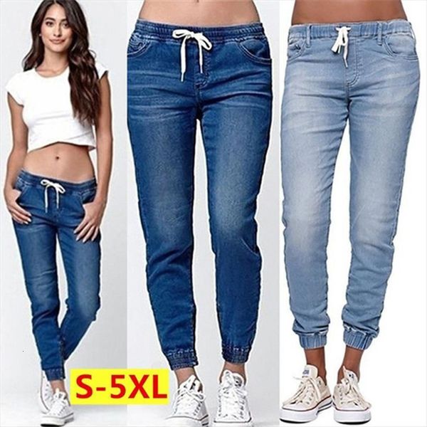 

autumn plus size fashion lace womens jeans up denim pants elastic waist casual fit jean long ladies large s 5xl, Blue