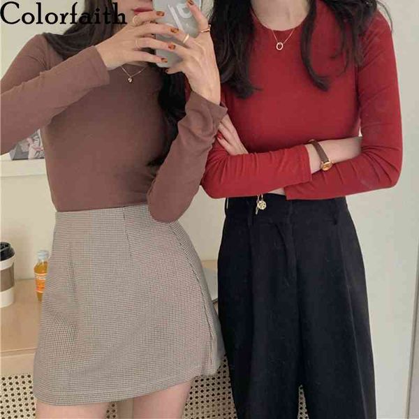 

colorfaith new women autumn winter t-shirt solid bottoming basic slim wild fashionable minimalist lady short t1488 210413, White