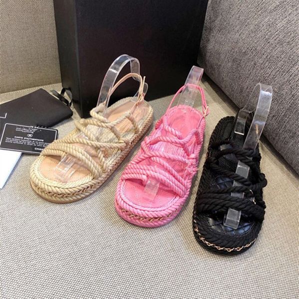 

2021 latest beautiful lady sandals super cute hemp material cotton ankle strap casual soft leather women flat heel, Black