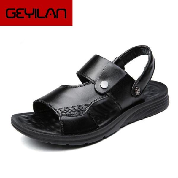 

sandals men big size 38-47 genuine leather walking for man fashion brand outdoor male casual shoes 0030, Black