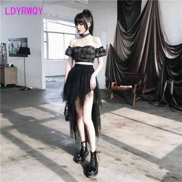 

ldyrwqy women's high waist bust mesh skirt short front and long back korean new office lady ball gown knee-length 210412, Black