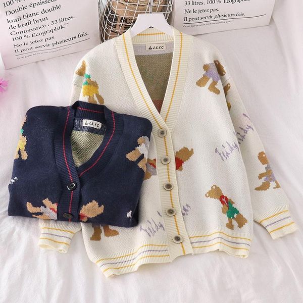 

women's knits & tees funny cartoon bear single breasted cardigan 2021 autumn warm knitted sweater coat casual loose v neck long sleeve, White