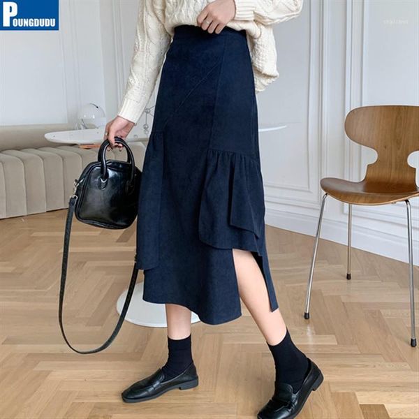 

skirts poungdudu 2021 warm women for girls long skirt corduroy female irregular vintage y2k student elegant high waist elastic, Black