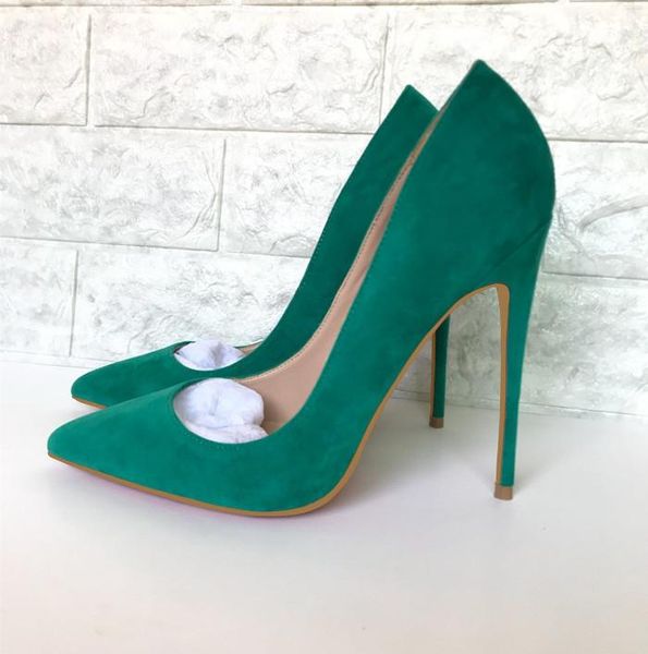 

dress shoes 2021 woman green suede pointed toe heels high-heeled stilettos large size custom make, Black