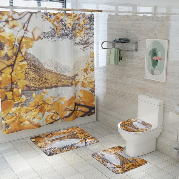 

shower curtains autumn landscape mountain lake fabric bathroom curtain anti-skid bath rugs carpet toilet lid cover mat