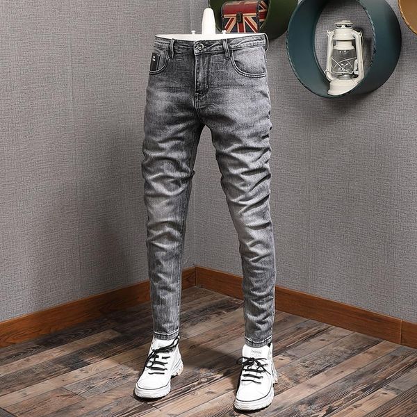 

men's jeans summer korean style men black gray mens casual slim fit pencil pants thin denim trousers, Blue